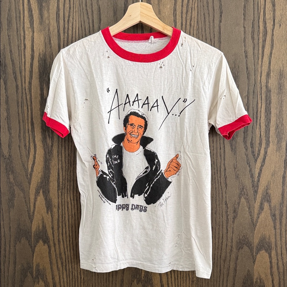 Vintage • Hand Distressed Happy Days Ringer Tee
